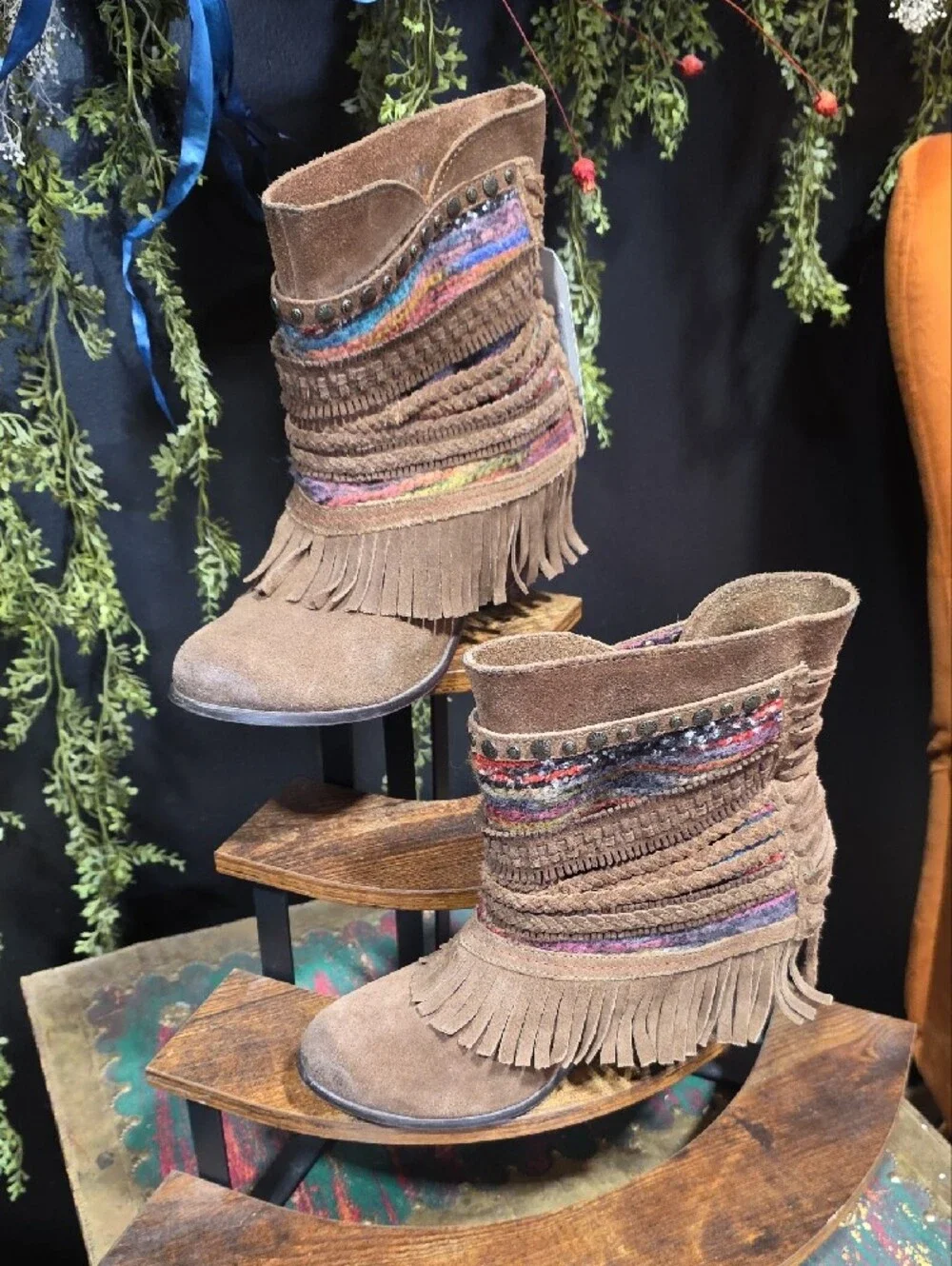 Naughty Monkey Brown Suede Fringe Ankle Boots with Multicolor Yarn Trim
